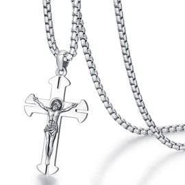 Amavive St Benedict Crucifix Jesus Necklace for Men Sterling Silver Cross Pardon Crucifix with Chain Pendant Necklaces Jewelry Gifts