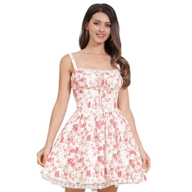 ABEWIP Corset Dresses for Women Spaghetti Straps Short Mini Floral Lace Bustier Dress Summer Boho Sundress White+Red Flower M