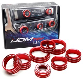 iJDMTOY 8pcs Sports Red Aluminum AC Climate Control, Stereo Audio Turners, Front Light/Turn Signal Switch Cover Decorations Compatible with 2014-2018/19 Chevy Silverado GMC Sierra