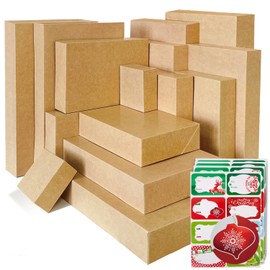 12 Kraft Gift Wrap Boxes with Lids for wrapping Large Clothes and 80 Count Foil Christmas Tag Stickers (Assorted size for wrapping Robes, Sweater, Coat, Shirts and Clothes xmas Holiday Present)