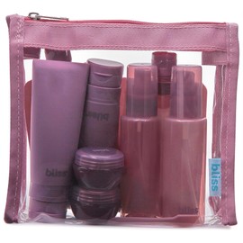 Bliss Travel Bottles Set - 10 Piece Pump, Spray, Silicone Travel Squeeze Bottles, Water-Resistant Reusable Pouch, Spatula and Label Sheet, Size Onesize, Mauve