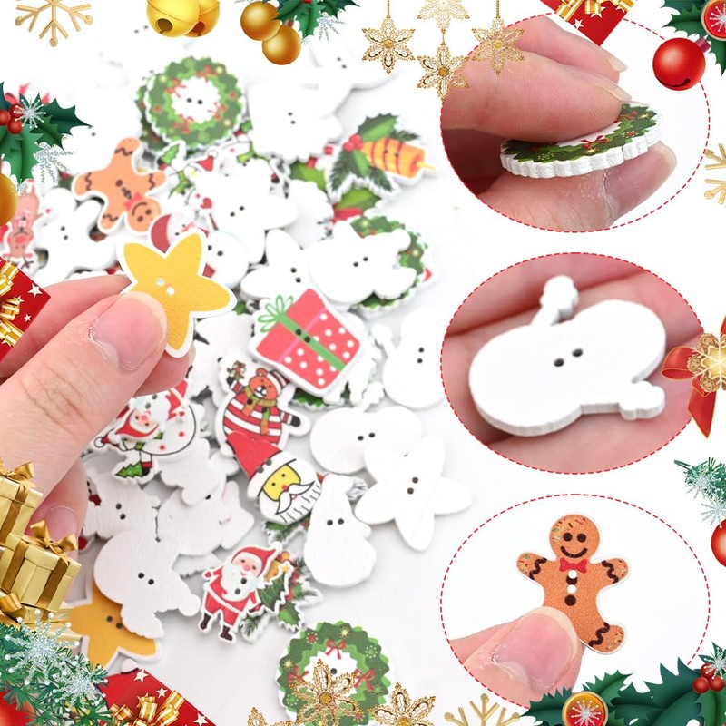 Christmas Craft Buttons 100pcs - Assorted Wooden Sewing Buttons for