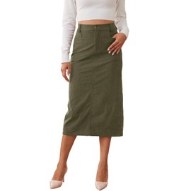 HERBATOMIA Women’s Midi Corduroy Skirt Pencil Trendy High Elastic Waisted Green Back Slit Long Trendy Skirts for Women with Pocket