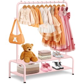 mirolam Kids Clothing Rack - Dress Up Storage - Dress Up Rack for Little Girls - Small Kids Costume Wardrobe with 2 Fabric Shelves - Princess Room Bedroom Decor