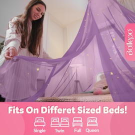 Bollepo Bed Canopy with Glow in The Dark Stars for Girls, Kids and Babies, Net Use to Cover The Baby Crib, Kid Bed, Girls Bed Or Full Size Bed, Fire Retardant Fabric (Purple)
