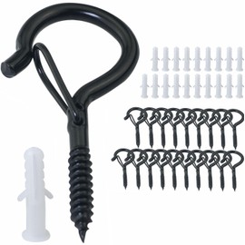 MEETOOT 20PCS Black Screw Hooks with Safety Clip 1.5 inch Windproof Screws Hanging Flower Tray String Hooks for Hanging Holiday Decorations Lights Hanging Plants Outdoor String Lights Screw Eye Hooks
