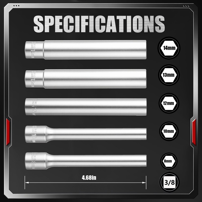 DSBYKJ 5-Piece 8mm-14mm Extended Extra-Deep Hex Metric Spark Plug Socket