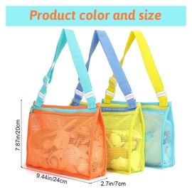 3PCS Beach Toy Mesh Bag Colorful Shell Collecting Bag,Adjustable Carrying Straps,Beach Sand Toy Totes Swimming Accessories Storage Bag (Orange, Yellow, Blue)