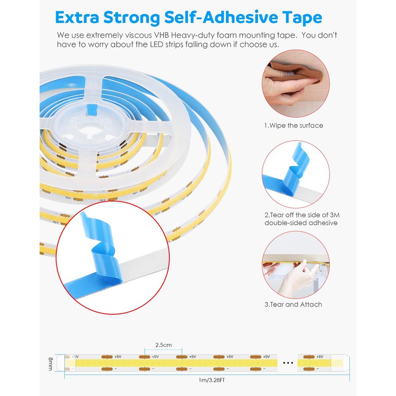 Aclorol USB COB LED Strip Light 1M Dimmable LED TV