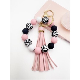 Leopard Pattern Beaded Tassel Decor Keychain, Boho Style Jewelry for Women & Girls, Elegant All-match Fashion Accessories for Daily Wear, Exquisite Jewelry for Birthday Gifts, for Fall - Color: Baby Pink, Size: one-size