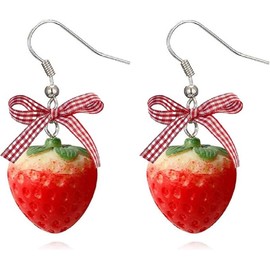 Bow Strawberry Earrings Red Strawberry Pendant Earrings Sweet Cute Bow Earrings Festival jewelry (Red, One Size)