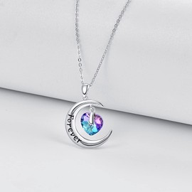 TANGPOET 925 Sterling Silver Moon Necklace for Women Crystal Moon Pendant Forever Love Heart Jewellery for Her, Sterling Silver