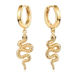 MYEARS Women Snake Earrings Gold Huggie Hoop Serpent Dangle Drop Black Cubic Zirconia 14K Gold Plated Small Simple Hypoallergenic Everyday Jewelry