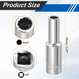 HARFINGTON 12 Points Socket 1/2" Drive 9mm Metric Deep Impact Socket Cr-V Steel Chrome Plating Flip Sleeve Nut Driver Wrench for Home Auto Nuts Bolts Repair