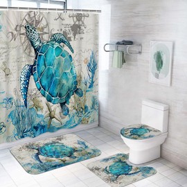 ArtSocket 4PC Shower Curtain Set with Rugs Ssea Turtle Blue Teal Seaweed Bathroom Set with Non-Slip Rug Toilet Lid Cover Bath Mat and 12 Hooks 72x72 inches