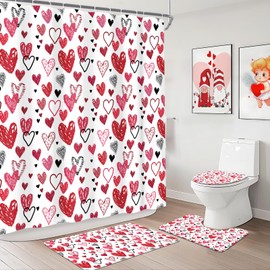 Valentine's Day Shower Curtain Sets 4 Pcs with Shower Curtain,Non-Slip Rugs,Toilet Lid Cover, Bath Mat and 12 Hooks Pink Black Heart Home Decor Valentines Day Bath Curtain Set