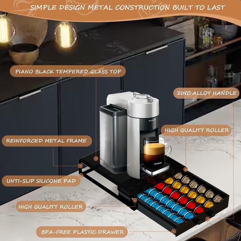 Vertuo Pod Holder Drawer with Deluxe Black Tempered Glass Top,
