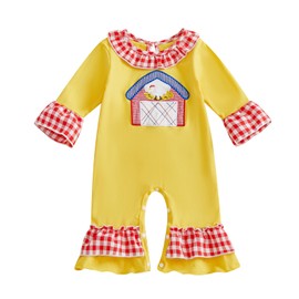 Newborn Baby Girl Fall Outfit Farm Chicken Smocked Long Sleeve Romper Jumpsuit One Piece Clothes (Yellow, 6-12 Months)
