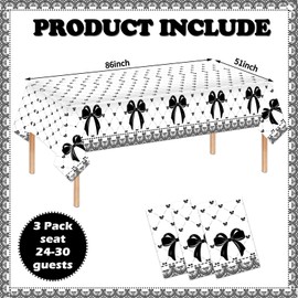 3Pcs Black Bow Tablecloths Disposable Rectangle Waterproof Table Cover Bow Theme Black Bow Birthday Party Decorations Coquette Birthday Party Supplies