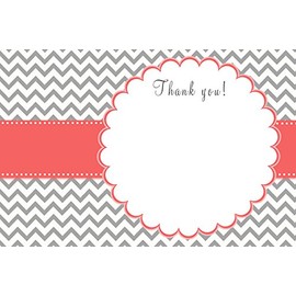 30 Blank Thank You Card Coral Grey Chevron + 30 White Envelopes - Birthday Bridal Wedding Shower