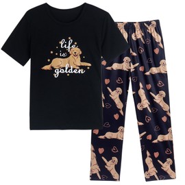 Vopmocld Kids Short Sleeve Long Pants Cartoon Cute 2PCS Sleepwear Casual Loungewear Unisex Child Size 6 Years to 14 Years, Golden Retriever/Black, 10 Years