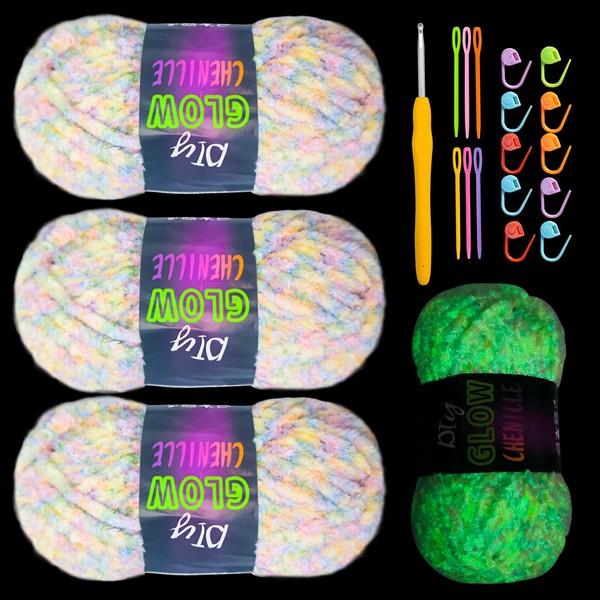 3PCS Glow in The Dark Chenille Yarn,Beginner Yarn for Crocheting,DIY