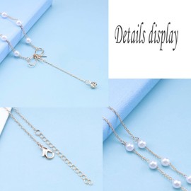 TseenYi CZ Lariat Y Necklace Gold Pearl Bow Necklace Pearl Bow Drop Y Necklace Long Drop Y Lariat Necklace Bridal Pearl Beads Necklace Jewellery for Women and Girls, Pearl