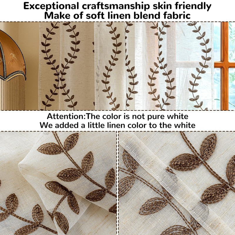 AmHoo 2 Panels Linen Leaf String Floral Embroidered Semi Sheer