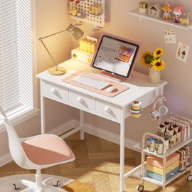 Furologee 32" Small White Computer Desk with 3 Fabric Drawers, Home Office Desk with Cup Holder, Vanity Desk with Hook for Bedroom, Study Writing Table for Small Spaces