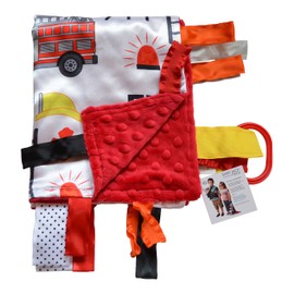 Baby Sensory, Security & Teething Closed Ribbon Tag Lovey Blanket with Minky Dot Fabric: 14”X18” (Firefighter)