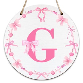 Monogram Round Sign For Front Door, Cherry Bow Theme Sign For Porch Art Wall Door, Initial Signs Hanging Ornament For Indoor Outdoor, Decorations Gifts For Four Seasons Rustic Home Kitchen, G, A07
