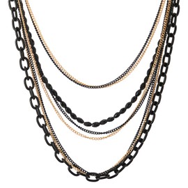COOLSTEELANDBEYOND Choker Collar Statement Necklace Waterfall Multi-Strand Black Gold Chains with Gem Stone Bead String