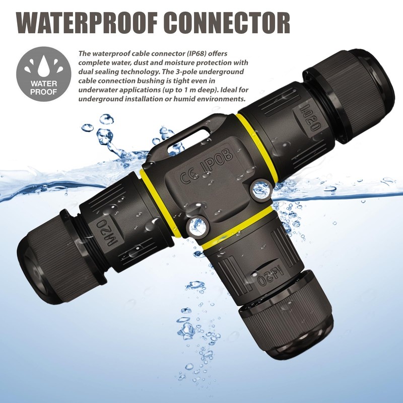 2 x Waterproof IP68 Cable Connectors: GOEDCH 3-Pin Earth Cable