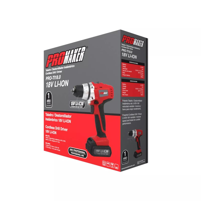 Promaker Cordeless Drill Driver 18.0V LI-ION PRO-TI18.2Batt