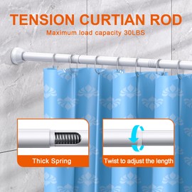 TEECK Shower Curtain Rod, 32-79 inch Adjustable Tension Spring, 1 Inch Shower Curtain Rod Tension, Premium Stainless Steel, Anti-Slip, No Drilling, No Rust, for Bathroom, White