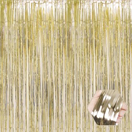 6 Pack Light Gold Foil Fringe Curtain Backdrop, 3.28Ft x 9.8Ft Metallic Tinsel Foil Fringe Streamer Curtains for Photo Booth, Christmas Day, Thanksgiving, Wedding, New Year Party Decorations