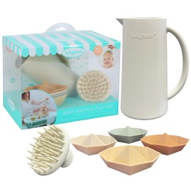 Lulyboo Baby Bath Set in Natural and Bright, with Rinsing Cup, Scalp Brush and Sinking Boat Toys for Fun Bath Times