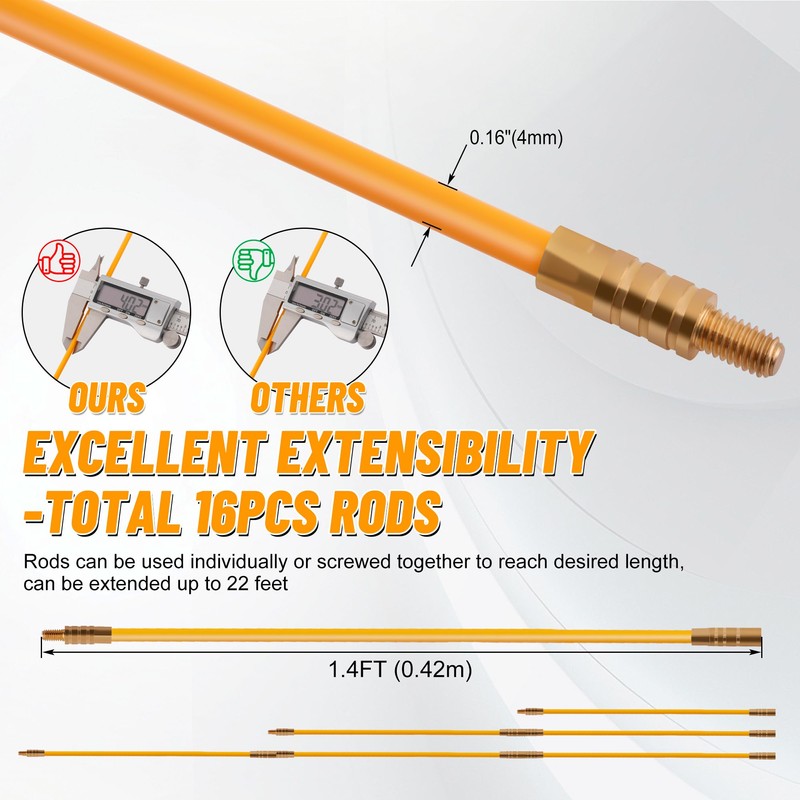 KOOTANS 22FT Fiberglass Electrical Wire Running Kit Wire Fishing Tools