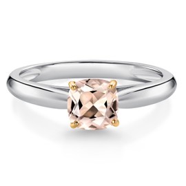 Gem Stone King 925 Silver and 10K Yellow Gold Peach Morganite Engagement Ring For Women (0.52 Cttw, Cushion 5MM, Gemstone October Birthstone, Size 6)