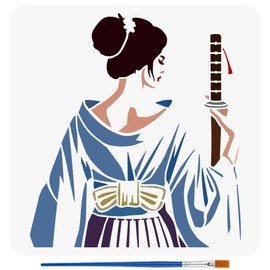 FINGERINSPIRE Eastern Samurai Woman Stencil with Paint Brush 11.8x11.8inch Reusable Swordswoman Drawing Template Female Samurai with Sword Pattern Stencil for Painting on Wood Wall Fabric Furniture