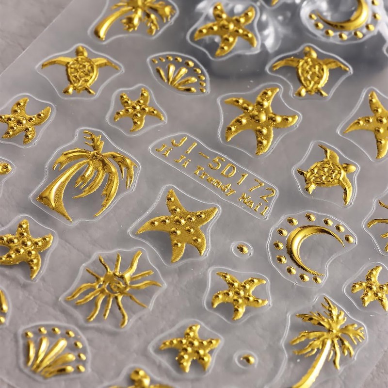 CharmeFleur 4 Blätter Sommer Nagelsticker Für Nageldesign, 5D Relief Gold