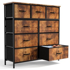9-Drawer Dresser, Fabric Storage Tower for Bedroom, Hallway, Entryway, Closet, Tall Chest Organizer Unit with Fabric Bins, Steel Frame, Wood Top, Easy Pull Handle - Color: Brown