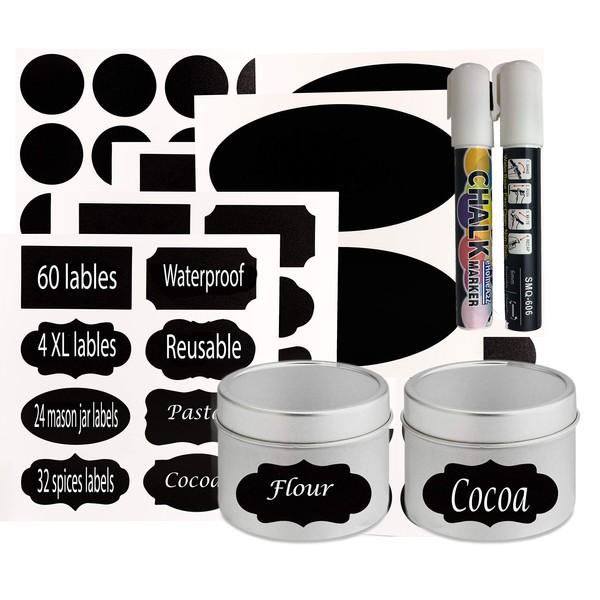 eHomeA2Z 60 Chalkboard Jar Labels for Canning Mason Jars Premium Reusable Stickers Glass Chalk + 2 Large Erasable Markers (60 Labels)
