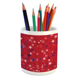 Ambesonne 4th of July Pencil Pen Holder, Repetitive Design Colorful Patriotic Star Shapes Celebration Image, Ceramic Pencil Holder for Desk Office Accessory, 3.6" X 3.2", Dark Pink Multicolor