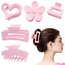 5 Pieces Hair Clips for Women, Large Pink Hair Clip, Rectangle Matte Hair Claw Clamp, Square, Heart-Shaped Hair Clip in Flower Style, Hair Clip