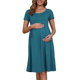 Ecavus Women's Nursing Dress Short Sleeve Hidden Zipper Maternity Breastfeeding Dress with Pockets Blue