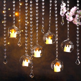 GlikCeil 56 Pcs 3.15'' Hanging Glass Tealight Holder with Clear K9 Crystal Garland Strands and Maple Leaf Pendants Globe Plant Terrariums Glass Orbs for Wedding Party and Christmas Tree Decoration