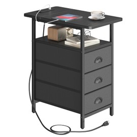 sthmec End Table with Charging Station, Side Tables Livingroom with USB Ports and Outlets,Narrow Nightstands Bedside Tables with 3 Drawers PU Finish for Small Space,Slim Sofa Table Bedroom,Black