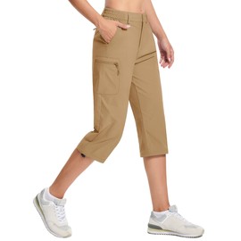 TACVASEN Hiking Cargo Capris for Women with Pockets Lightweight Stretch Water Resistant Casual Outdoor Pants Khaki 2XL