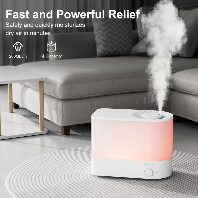 MEGAWISE 2025 Large Capacity Humidifier, 6L Top Fill Design, 50H
